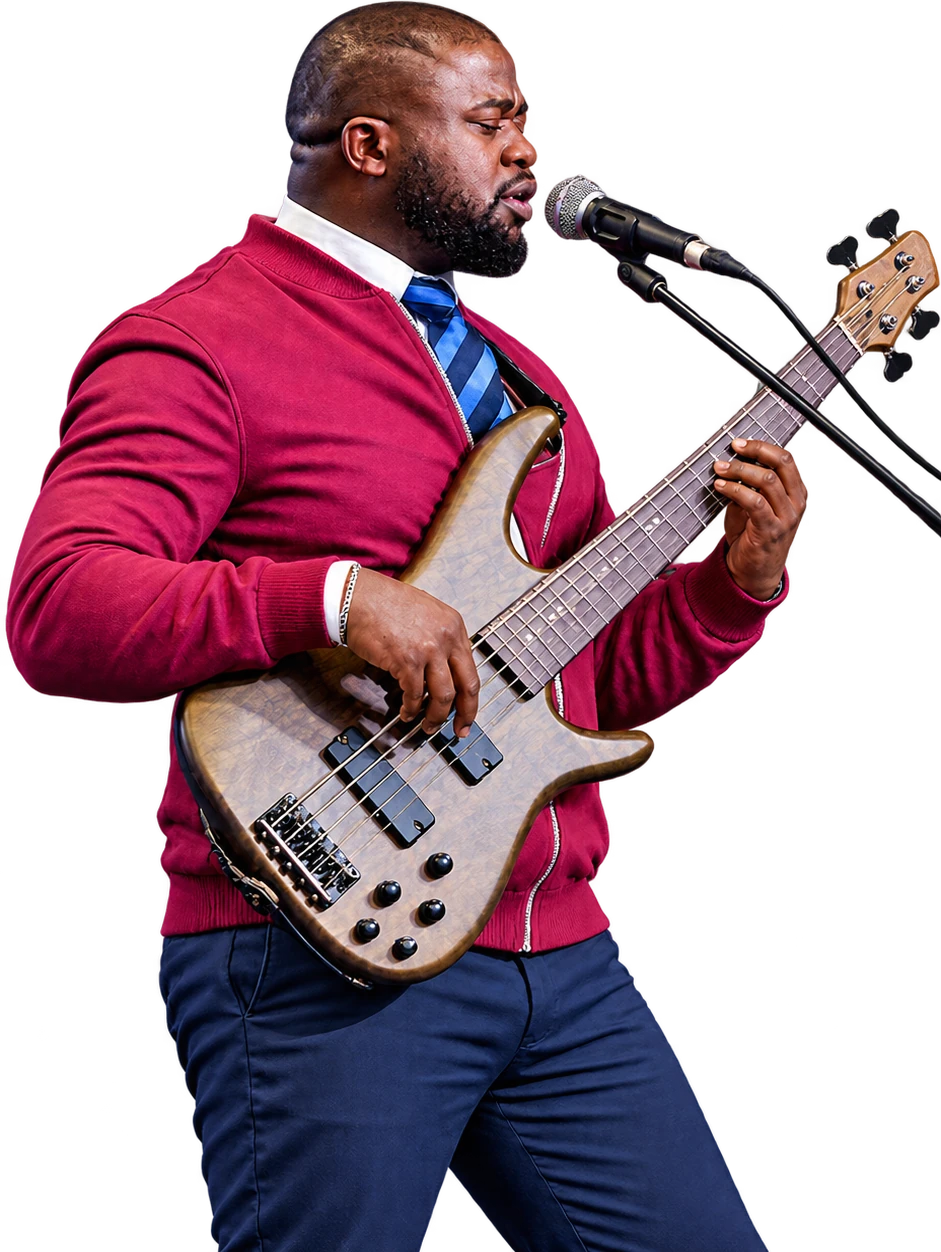 Soji Akinleye singing and playing bass on stage